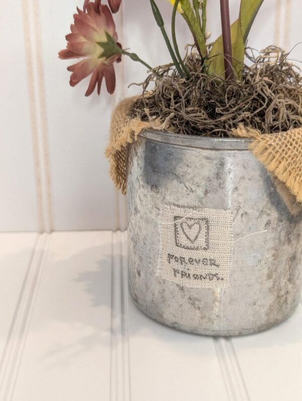 Metal Mug vase Purple faux floral arrangement friend gift